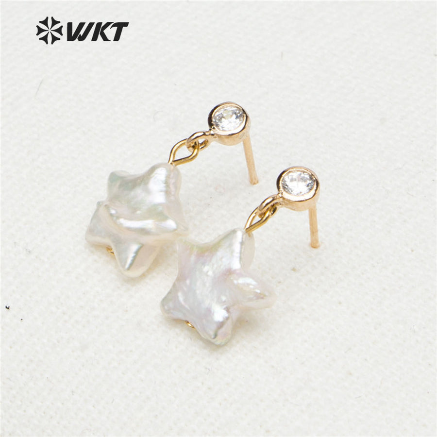 WT-E531 Wholesale New Design Lovely Natural Baroque Pearl Earring Natural Pearl Baroque Style Star Pendant Earring
