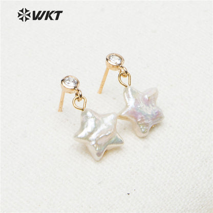 WT-E531 Wholesale New Design Lovely Natural Baroque Pearl Earring Natural Pearl Baroque Style Star Pendant Earring