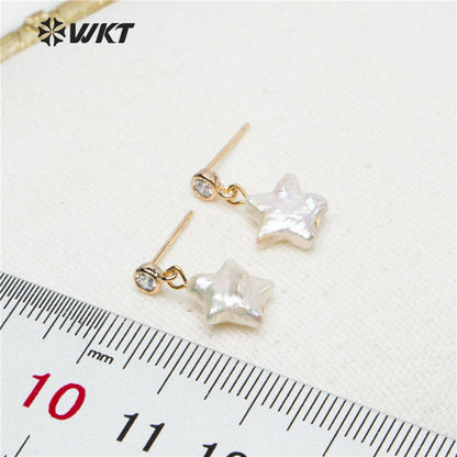 WT-E531 Wholesale New Design Lovely Natural Baroque Pearl Earring Natural Pearl Baroque Style Star Pendant Earring