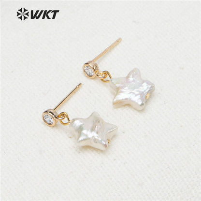 WT-E531 Wholesale New Design Lovely Natural Baroque Pearl Earring Natural Pearl Baroque Style Star Pendant Earring