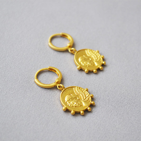 MPE033 Best Selling Jewelry Coin Earrings in Full Gold Electroplated Classic Style Drop Earrings for Women Gift Angel Pendant