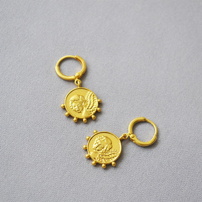 MPE033 Best Selling Jewelry Coin Earrings in Full Gold Electroplated Classic Style Drop Earrings for Women Gift Angel Pendant