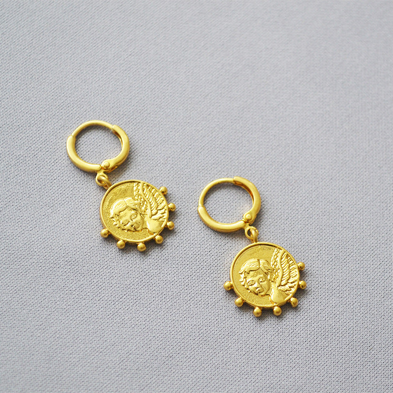 MPE033 Best Selling Jewelry Coin Earrings in Full Gold Electroplated Classic Style Drop Earrings for Women Gift Angel Pendant
