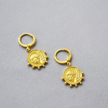 MPE033 Best Selling Jewelry Coin Earrings in Full Gold Electroplated Classic Style Drop Earrings for Women Gift Angel Pendant