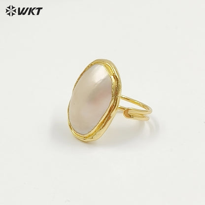 WT-MPR112 New Arrivals High Quality 18K Gold Plated Unisex Oval Adjustable Pink and White Large Mabe Shell Ring As Special Gift
