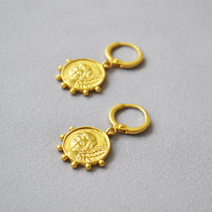 MPE033 Best Selling Jewelry Coin Earrings in Full Gold Electroplated Classic Style Drop Earrings for Women Gift Angel Pendant