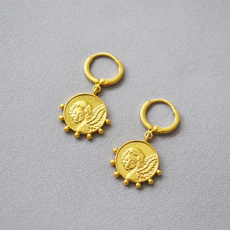 MPE033 Best Selling Jewelry Coin Earrings in Full Gold Electroplated Classic Style Drop Earrings for Women Gift Angel Pendant