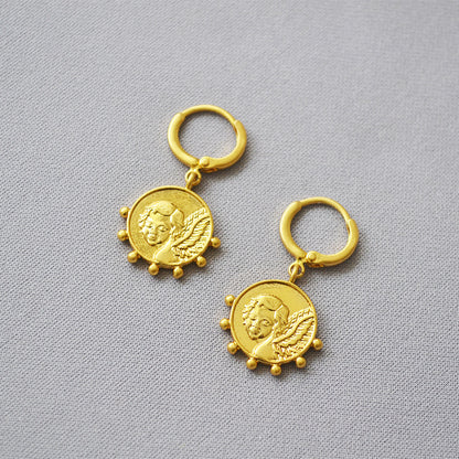MPE033 Best Selling Jewelry Coin Earrings in Full Gold Electroplated Classic Style Drop Earrings for Women Gift Angel Pendant