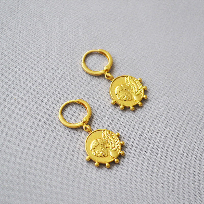 MPE033 Best Selling Jewelry Coin Earrings in Full Gold Electroplated Classic Style Drop Earrings for Women Gift Angel Pendant