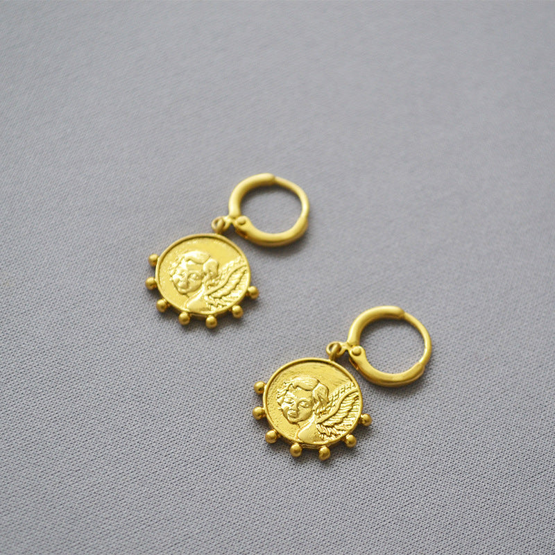 MPE033 Best Selling Jewelry Coin Earrings in Full Gold Electroplated Classic Style Drop Earrings for Women Gift Angel Pendant