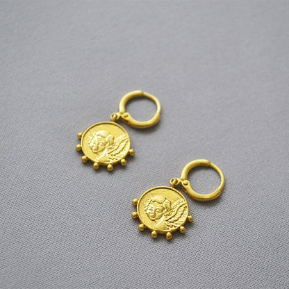 MPE033 Best Selling Jewelry Coin Earrings in Full Gold Electroplated Classic Style Drop Earrings for Women Gift Angel Pendant