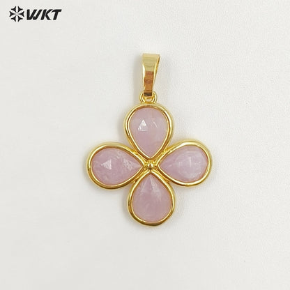 WT-P2031 Romantic Lovely Gold Plated Lucky Four Leaves Clover Flowers Shape Natural Gemstone Pendants For Ladies Necklace DIY