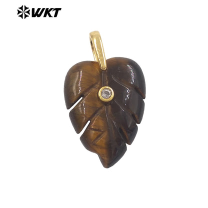 WT-P2141 Wonderful Zircon And Multi Colors Natural Gemstones Hand Carved Leaf Shape Gold Pendants For Lady Earrings DIY