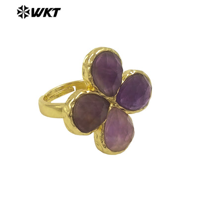 WT-R601 Beautiful 18K Gold Electroplated Natural Gemstones Flower Shape Rings Adjustable For Women Fashion Style Jewelry