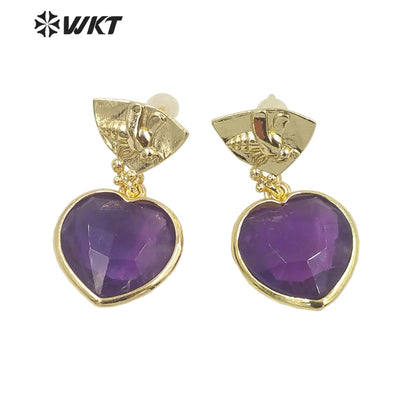 WT-E680 WKT Newest Fashion Small Lovely Heart Earrings Studs Gold Plated Natural Gemstone Women Stone Earrings