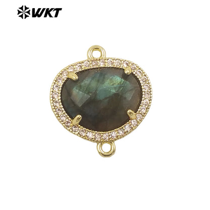 WT-C335 High Quality Wholesale Small Zircon Round MultiVariety Natural Gemstone Necklace Pendant Connector Double Hoop for Women