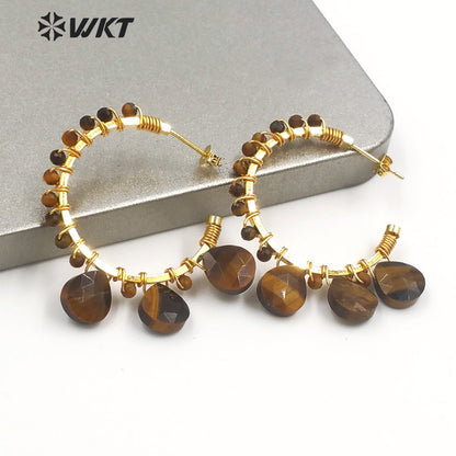 WT-E694 Wholesale Fashion Gold Plated C Shape Wire Wrapped Stone Earrings Attractive Teardrop Stone Crescent Moon Earrings
