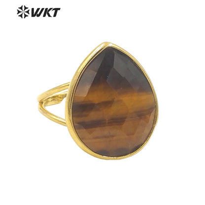 WT-R505 Gorgeous Big Drop Stone Amazonite Tiger Eye and Labradorite 18K Gold Plated Gemstone Women Birthday Ring