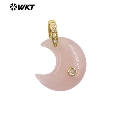 WT-P2112 Factory Wholesale Various Natural Gemstones And Zircon Moon Shape Gold Pendants As Lady Sweet Earrings Findings