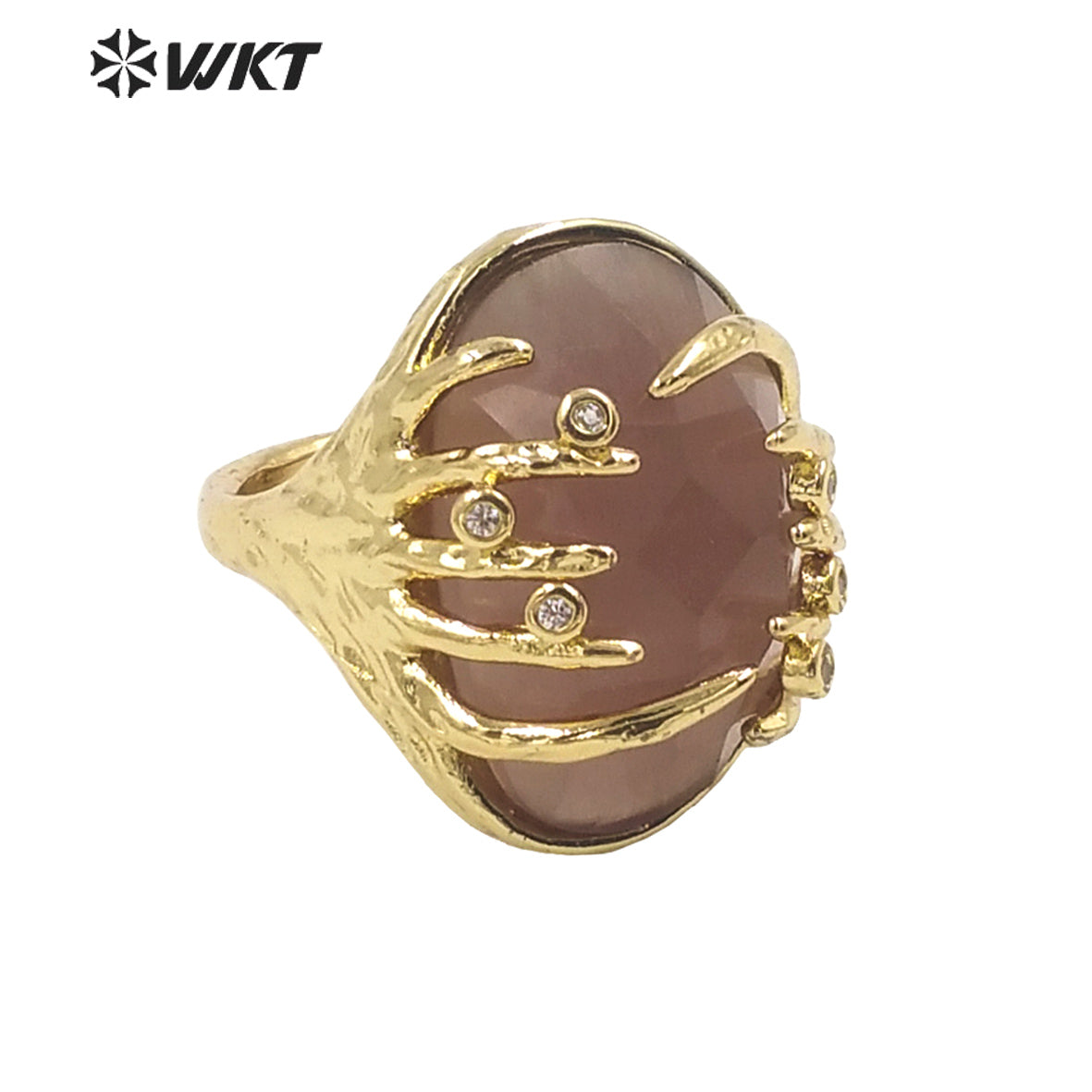 WT-R453 Wholesale Fashion Gold Bezel Claw Setting Oval Stone Ring Women Unique Trendy Cat Eye Stone Made Jewelry Party Ring