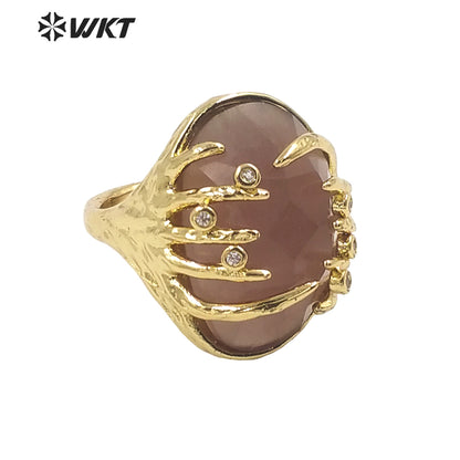 WT-R453 Wholesale Fashion Gold Bezel Claw Setting Oval Stone Ring Women Unique Trendy Cat Eye Stone Made Jewelry Party Ring