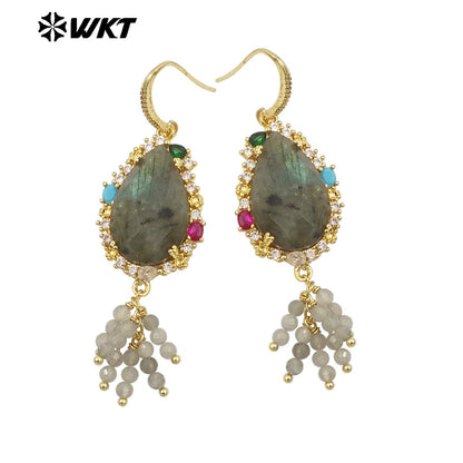 WT-ME107 WKT New Design Most Popular Handmade Wire Wrapped Tiny Beads Dangle Drop Stone Earring With Hoop Gold Party Studs