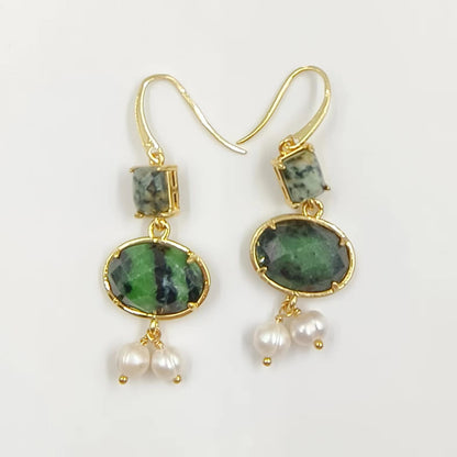 WT-MPE110 Bohemia Elegant Natural Pearl and Stone 18k Gold Plated Gift for Women Weeding 58mm Romantic Pendant Earrings