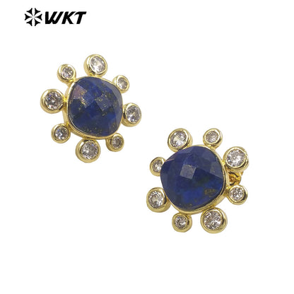 WT-ME091 Wholesale Newest Fashion square Gemstone with clear Cubic Zircon Around Setting Earrings Studs Gold Birthday Earring