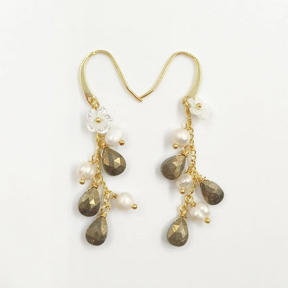 WT-MPE109 Bohemia Regular Natural Pearl and Stone 18k Gold Plated Gift for Women Weeding 62mm Romantic Pendant Earrings