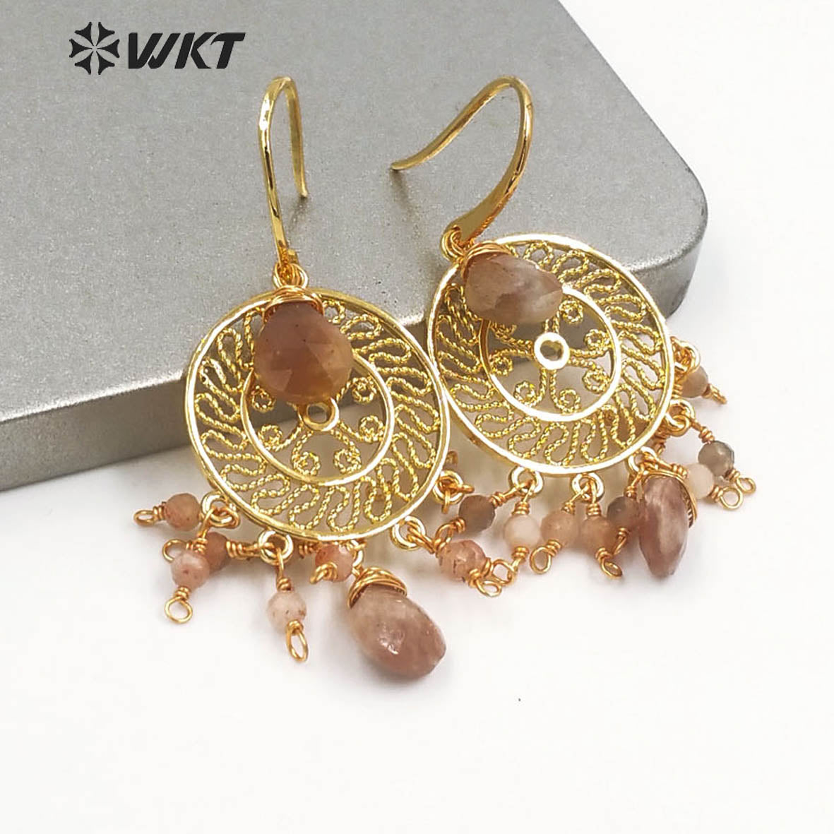 WT-E695 Bohemia Fashion Gold Gypsy Earrings with Natural Gemstone Made Dangle Earrings Handmade DIY Stone Hoop Earrings