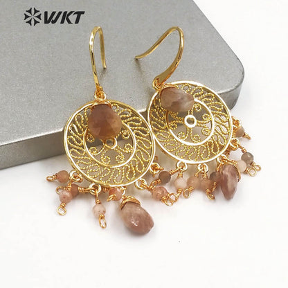 WT-E695 Bohemia Fashion Gold Gypsy Earrings with Natural Gemstone Made Dangle Earrings Handmade DIY Stone Hoop Earrings