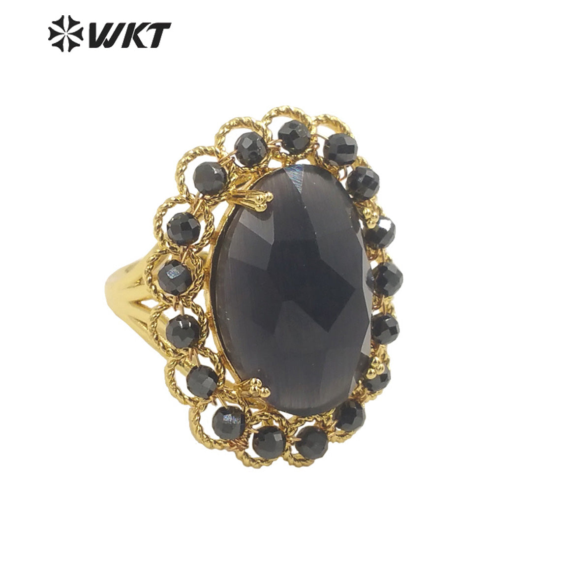 WT-R459 WKT Wholesale New Women 18k Gold Plated Resist Tarnishable Oval Cat Eye Stone Ring Charming Stone Beads Beauty Ring