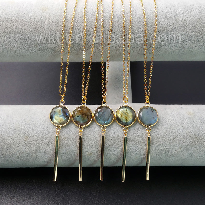WT-N918 Wholesale Fashion Labradorite With Long Gold Bar Necklace Amazing Design 24K Real Gold Plated Labradorite Necklace