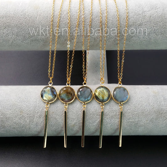 WT-N918 Wholesale Fashion Labradorite With Long Gold Bar Necklace Amazing Design 24K Real Gold Plated Labradorite Necklace