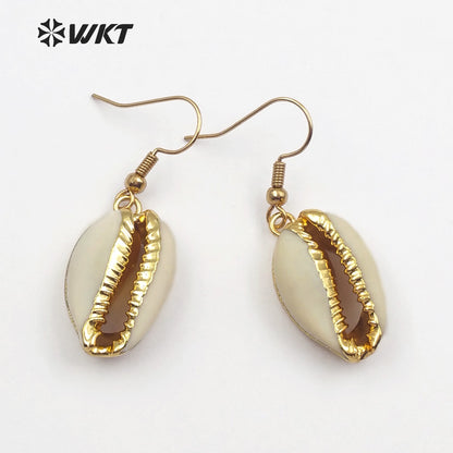 WT-E163 Wholesale Genuine Tiny Cowrie Earrings With 24k Real Gold Plated, Fashion Lovely Hot Cowrie Earrings