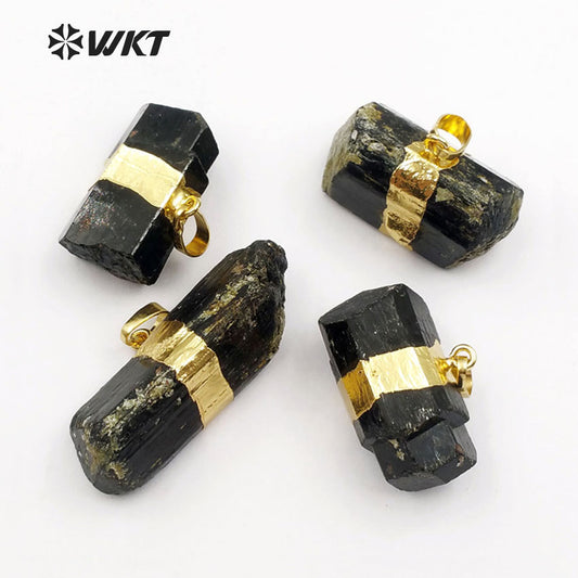 WT-P315 NEW!Raw Black Tourmaline Pendant with 18k Gold Electroplated Elegant Women and Bail