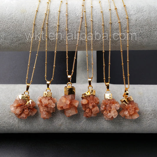 WT-N911 Handmade Natural Brown Aragonite Pendant Necklace , Gold Plated Cap Charm Aragonite Pendant Necklace for Women