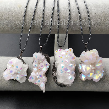 WT-N913 Fashion Chic Angel Aura Quartz Necklace, Handmade Black Hematite Bead Angel Aura Quartz Necklace for Women