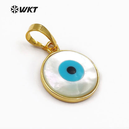 WT-P628 Wholesale Natural Shell Round Eye Pendant, 24k Gold Plated Bezel Eye Pendant