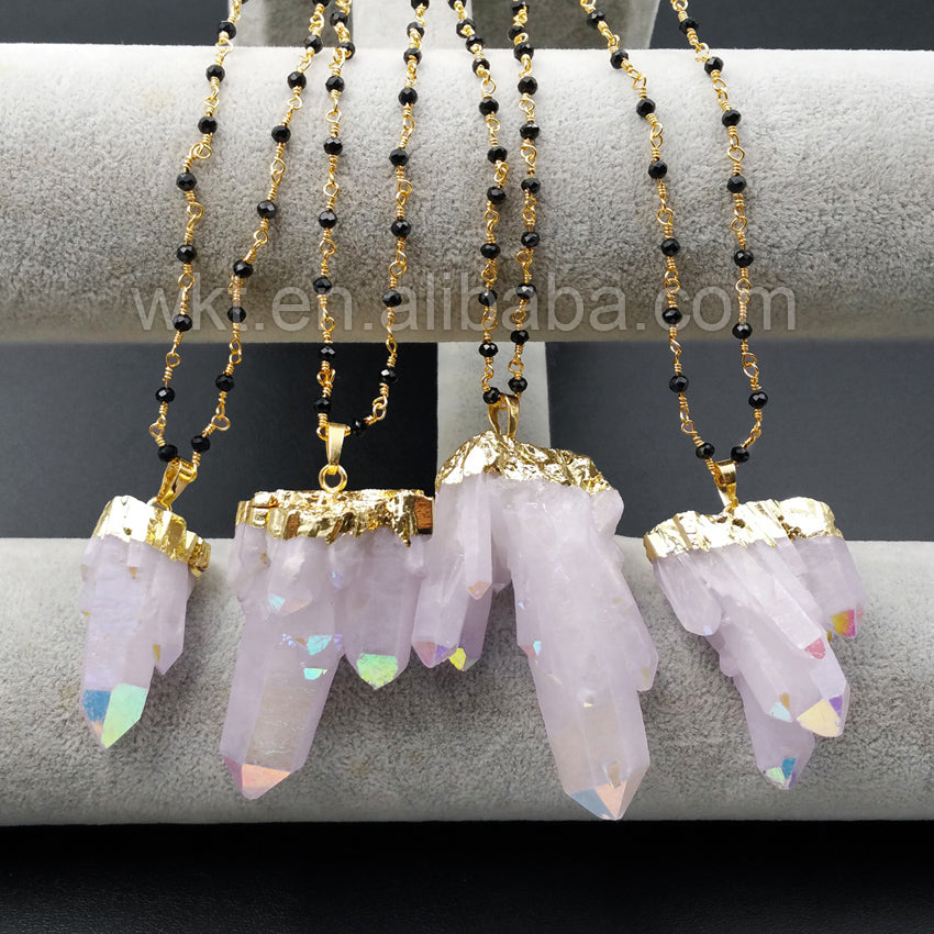 WT-N893 Hot Sale Healing Angel Aura Spirit Quartz Jewelry in 24k Real Gold Plated with Black Beads Rosary Chain Pendant Necklace