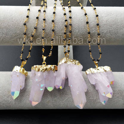 WT-N893 Hot Sale Healing Angel Aura Spirit Quartz Jewelry in 24k Real Gold Plated with Black Beads Rosary Chain Pendant Necklace
