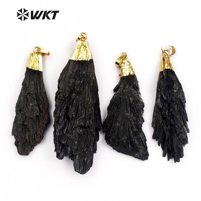 WT-P790 Latest Natural Raw Black Kyanite Pendant with Gold Plated on Top