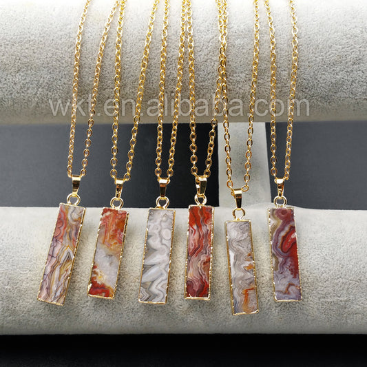 WT-N896 Unique Mexican Agate Stone Pendant Necklace with 18" Chain in 24k Real Gold Electroplated in High Quality