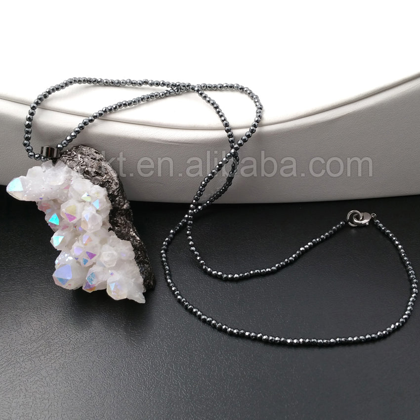WT-N913 Fashion Chic Angel Aura Quartz Necklace, Handmade Black Hematite Bead Angel Aura Quartz Necklace for Women