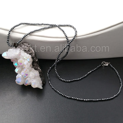 WT-N913 Fashion Chic Angel Aura Quartz Necklace, Handmade Black Hematite Bead Angel Aura Quartz Necklace for Women