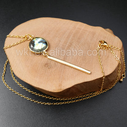 WT-N918 Wholesale Fashion Labradorite With Long Gold Bar Necklace Amazing Design 24K Real Gold Plated Labradorite Necklace