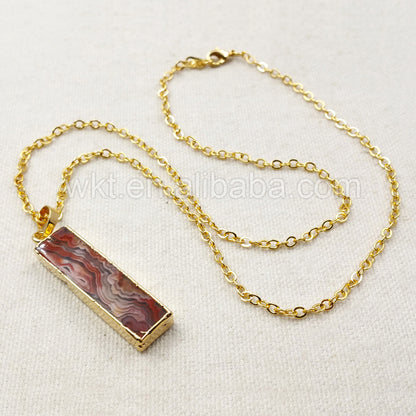 WT-N896 Unique Mexican Agate Stone Pendant Necklace with 18" Chain in 24k Real Gold Electroplated in High Quality