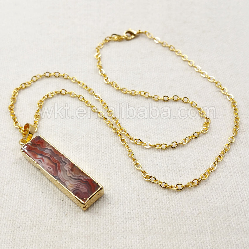 WT-N896 Unique Mexican Agate Stone Pendant Necklace with 18" Chain in 24k Real Gold Electroplated in High Quality