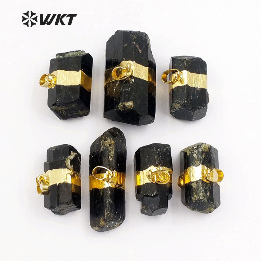 WT-P315 NEW!Raw Black Tourmaline Pendant with 18k Gold Electroplated Elegant Women and Bail