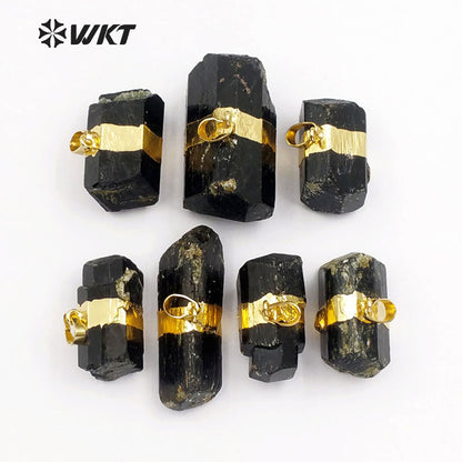 WT-P315 NEW!Raw Black Tourmaline Pendant with 18k Gold Electroplated Elegant Women and Bail